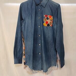 One 24‎ Rags Denim Patchwork Back Pearl Snap Small Shirt Frayed Hem Blue K